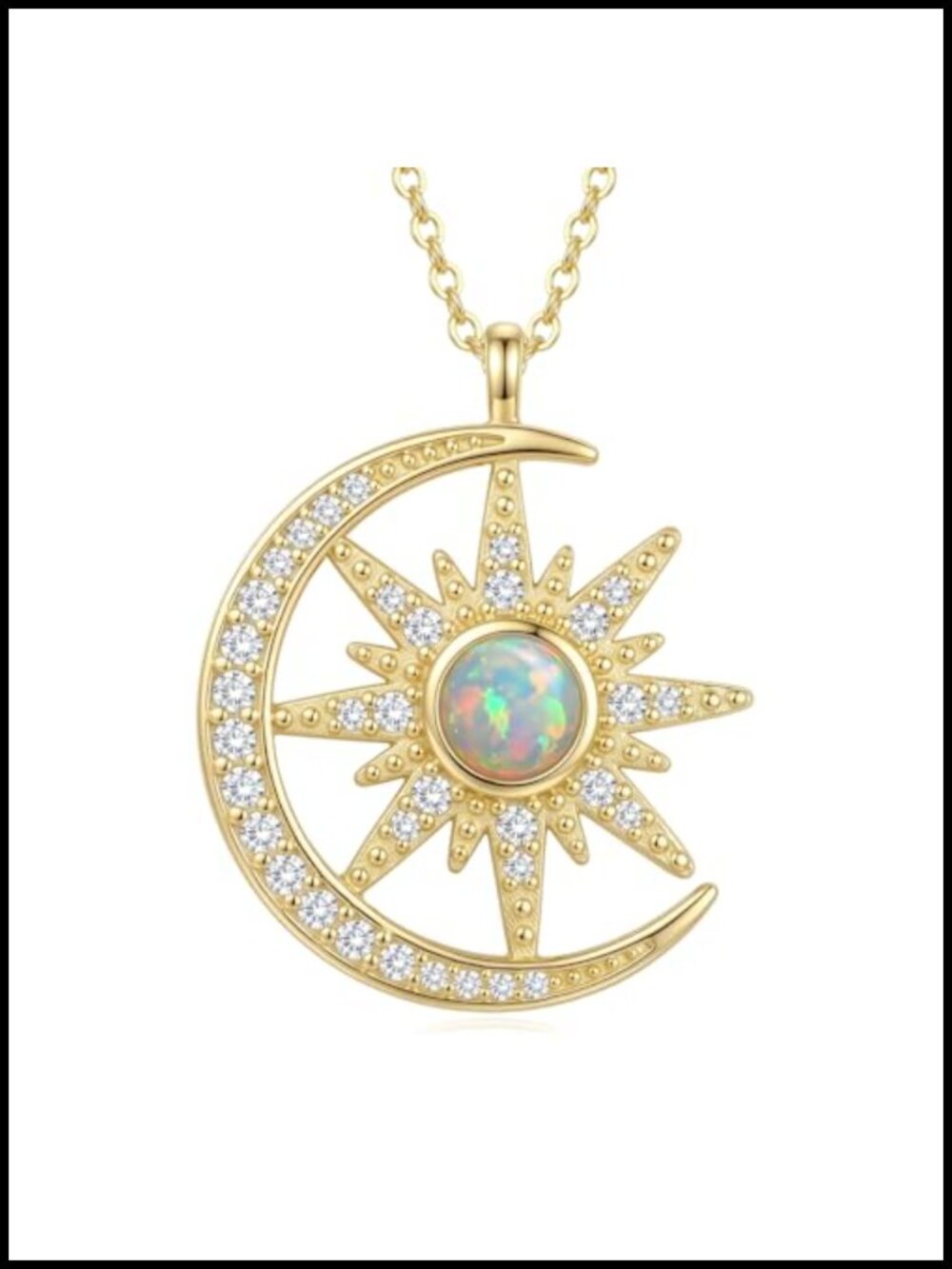 Gold Plated Crescent Moon Necklace with Opal Pendant, Hypoallergenic CZ Jewelry